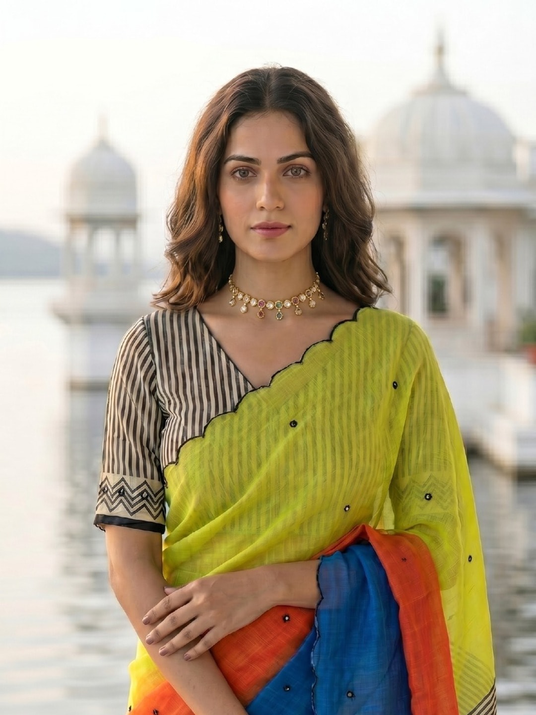 Peachmode Lime Green Ombre Printed Linen Cotton Saree With Mirror Work - Image 3