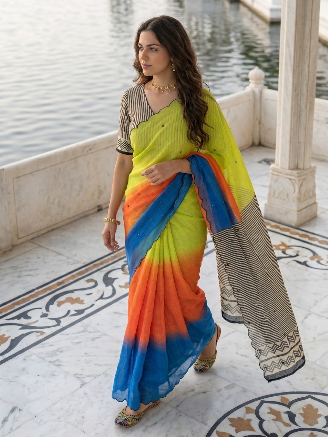Peachmode Lime Green Ombre Printed Linen Cotton Saree With Mirror Work - Image 2