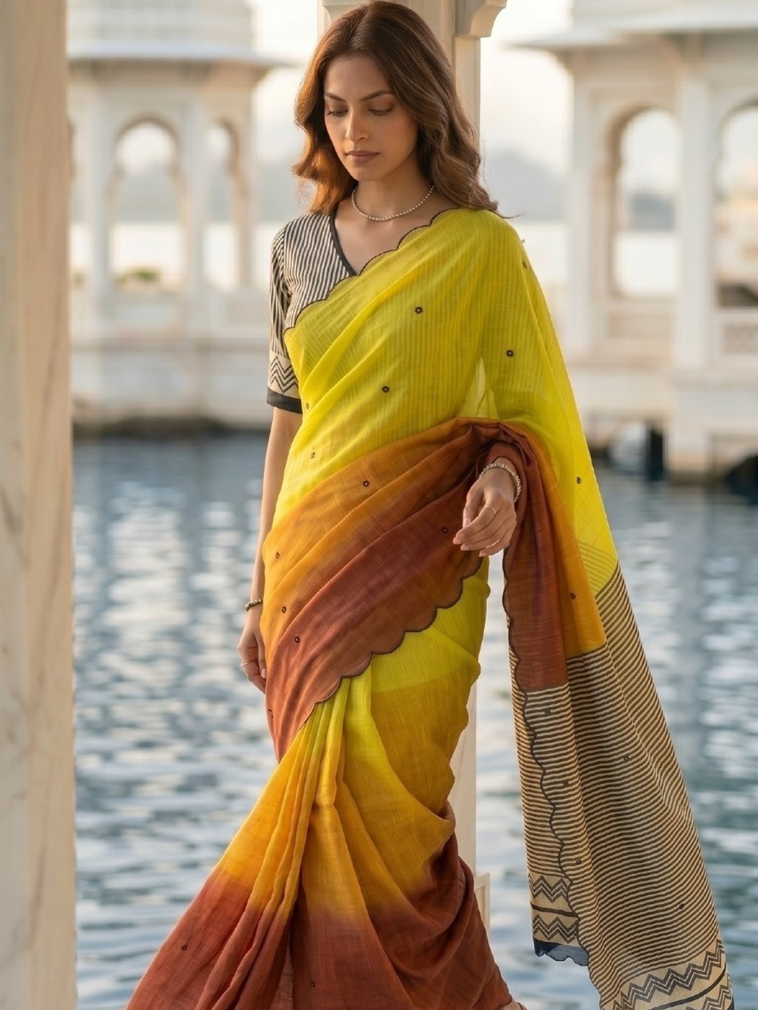 Peachmode Mustard Ombre Printed Linen Cotton Saree With Mirror Work - Image 3