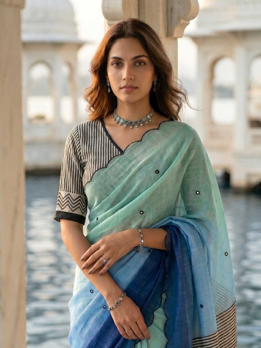 Peachmode Sky Blue Ombre Printed Linen Cotton Saree With Mirror Work - Image 3