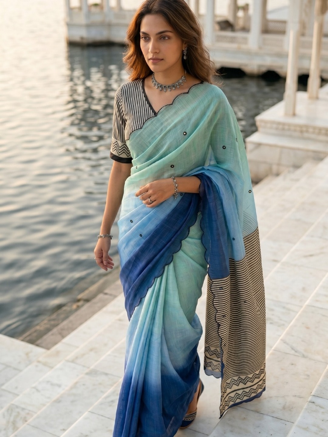 Peachmode Sky Blue Ombre Printed Linen Cotton Saree With Mirror Work - Image 2