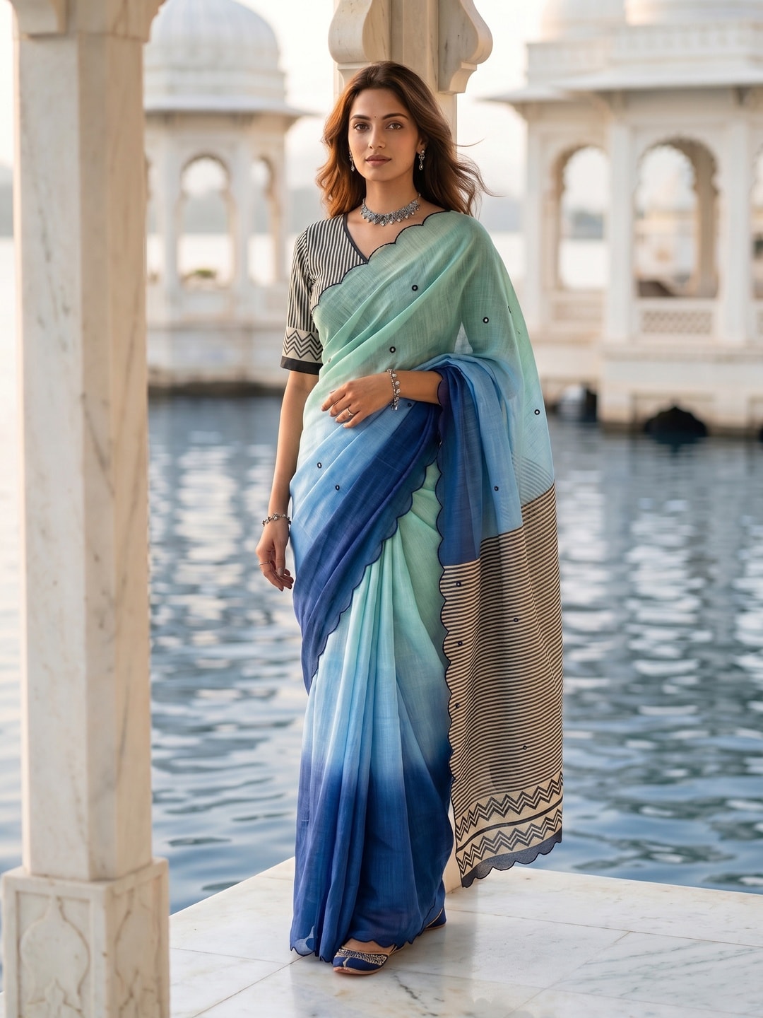 Peachmode Sky Blue Ombre Printed Linen Cotton Saree With Mirror Work - Image 1