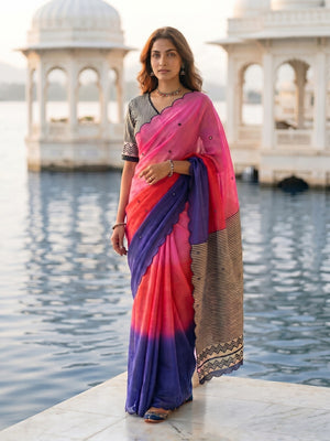 Peachmode Pink Ombre Printed Linen Cotton Saree With Mirror Work - Image 1