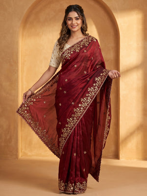 Peachmode Maroon Satin Saree With Multi Sequin Embroidery And Scalloped Border - Image 1