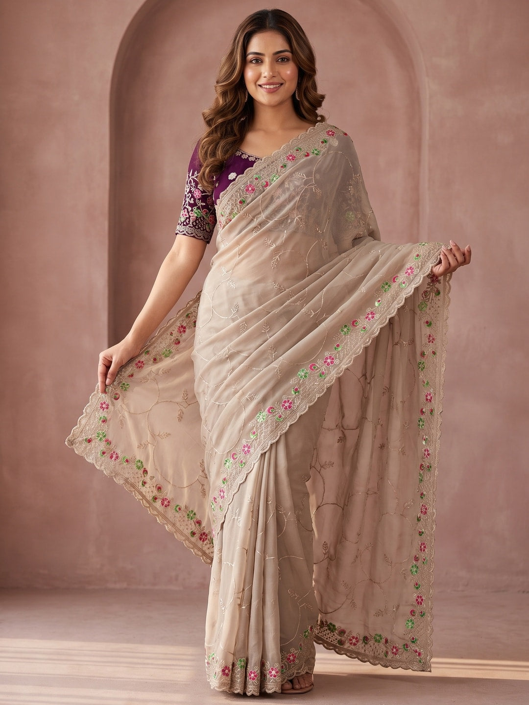 Peachmode Beige Georgette Saree With Multi Thread Embroidery And Cutwork Border - Image 1