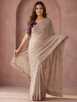 Peachmode Beige Georgette Saree With Multi Thread Embroidery And Cutwork Border - Image 1