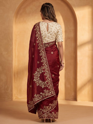 Peachmode Maroon Satin Saree With Multi Sequin Embroidery And Scalloped Border - Image 2
