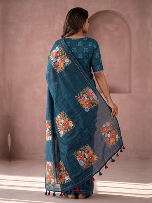 Peachmode Teal Linen Saree With Digital Floral Print And Zari Outline Work - Image 2