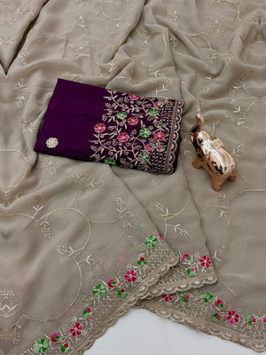 Peachmode Beige Georgette Saree With Multi Thread Embroidery And Cutwork Border - Image 2