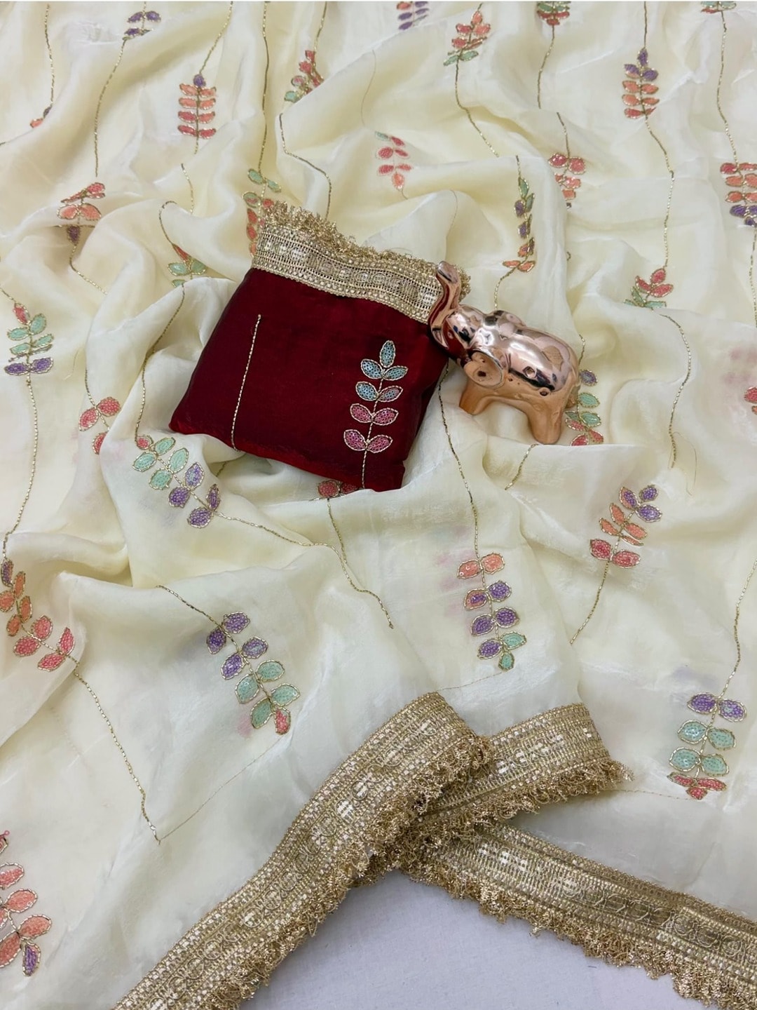 Peachmode Cream Satin Saree With Rainbow Leaf Sequin Work And Lace Border - Image 3