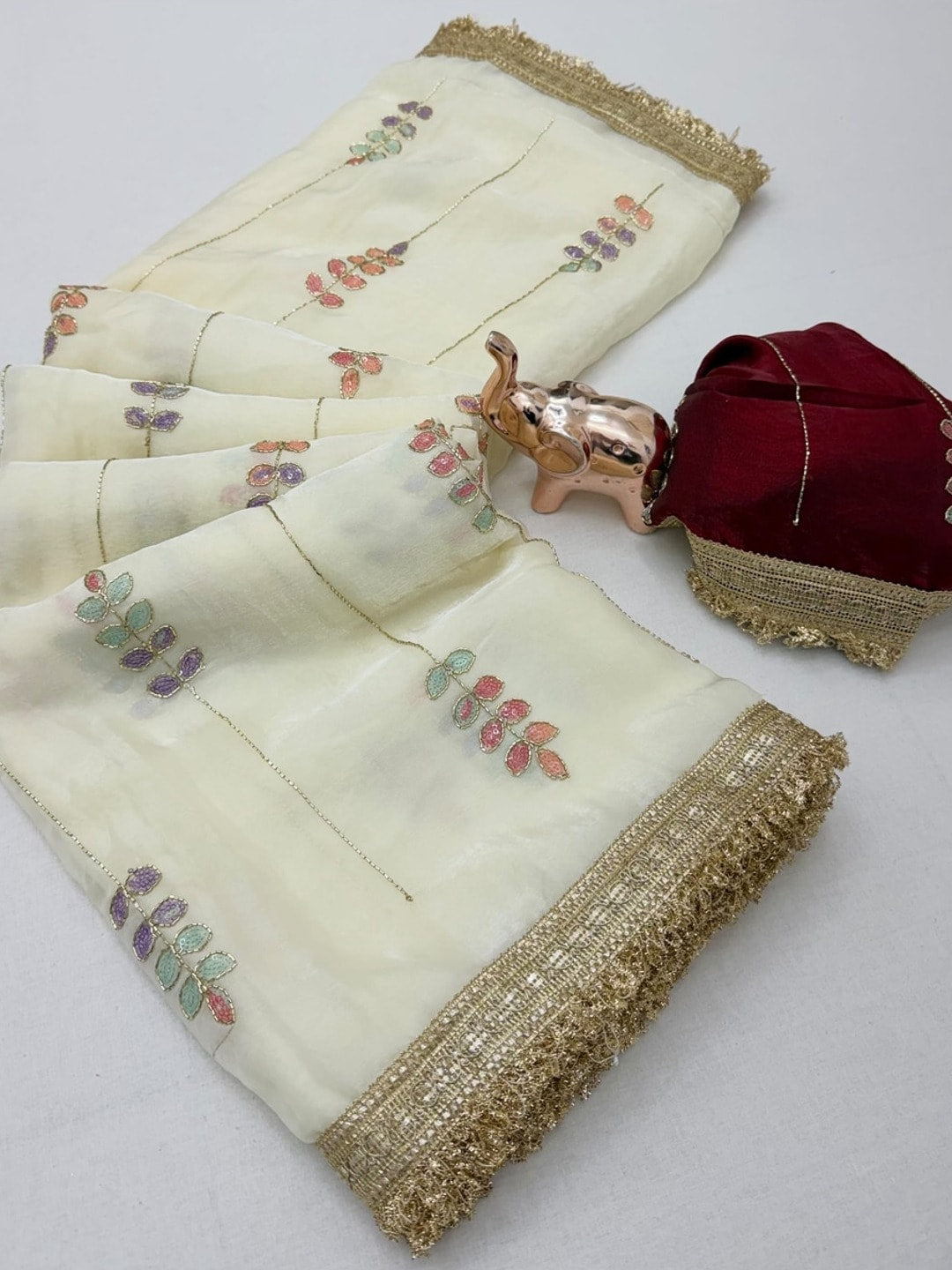 Peachmode Cream Satin Saree With Rainbow Leaf Sequin Work And Lace Border - Image 5