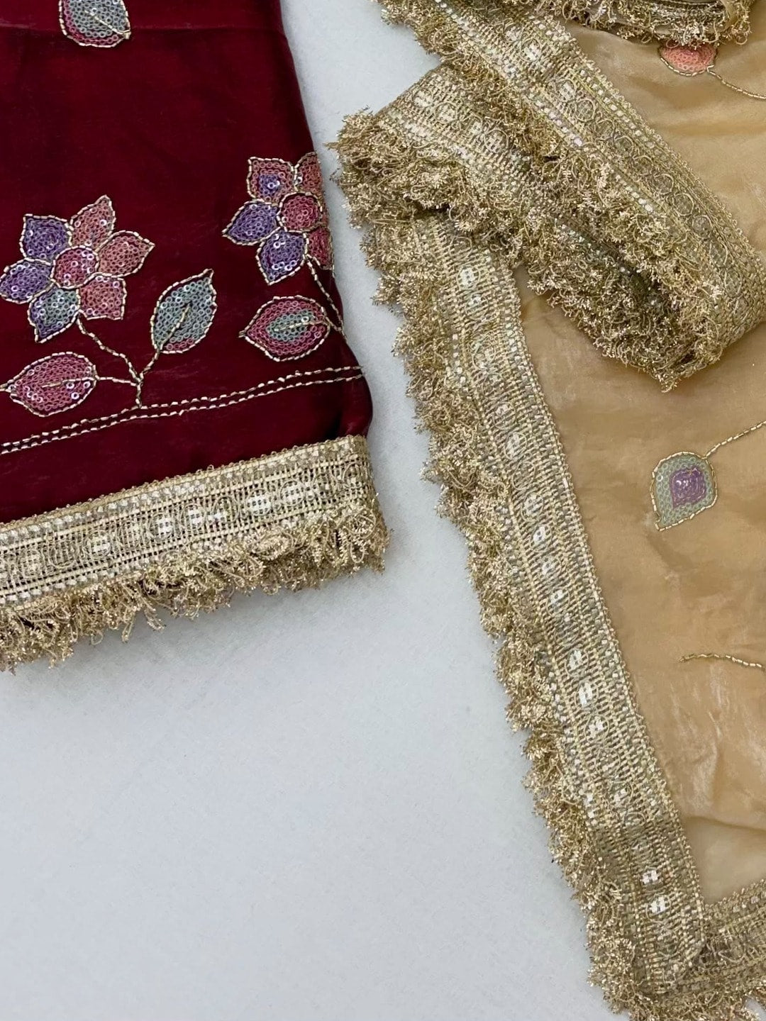 Peachmode Beige Satin Saree With Rainbow Floral Sequin Work And Lace Border - Image 6
