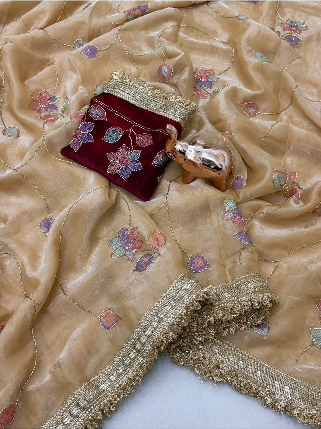 Peachmode Beige Satin Saree With Rainbow Floral Sequin Work And Lace Border - Image 3
