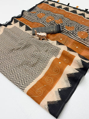 Peachmode Mustard Linen Saree With Digital Zigzag Print And Zari Outline Work - Image 1