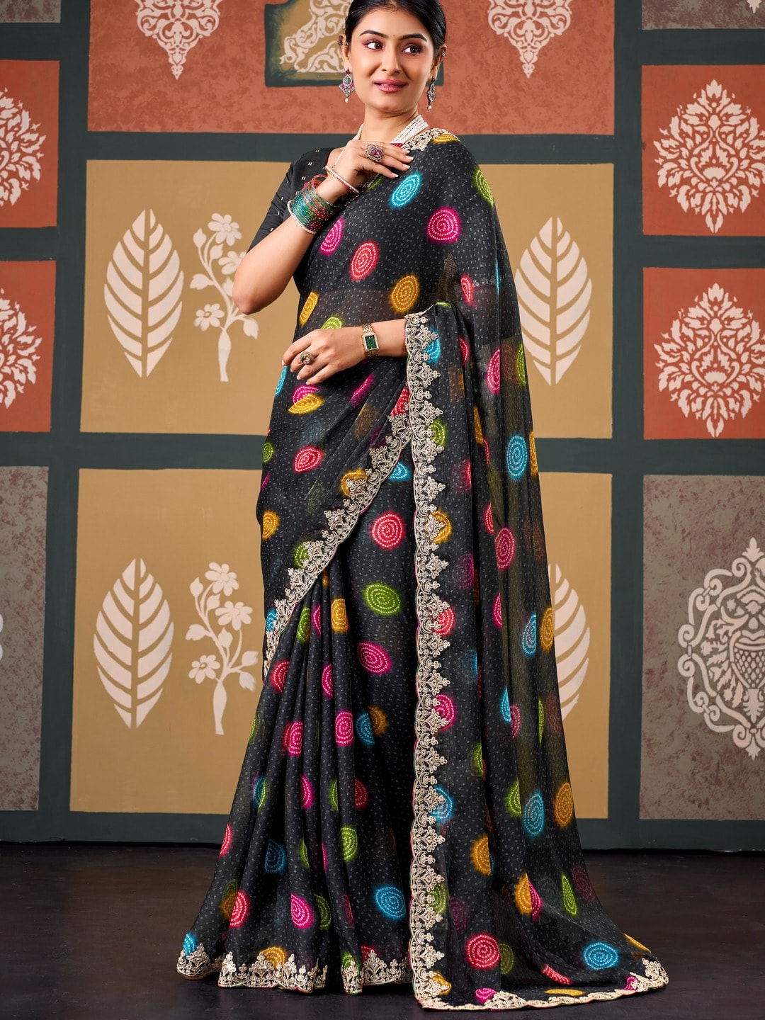 Peachmode Black Polka Printed Chiffon Saree With Embroidered Border - Image 1