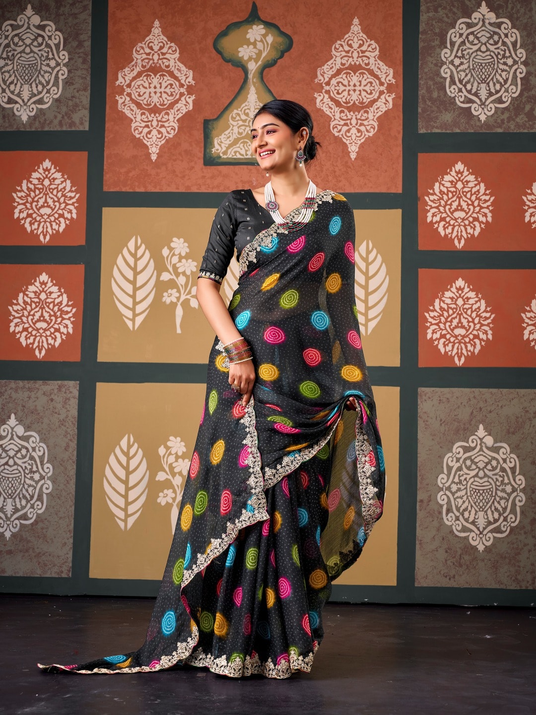 Peachmode Black Polka Printed Chiffon Saree With Embroidered Border - Image 2