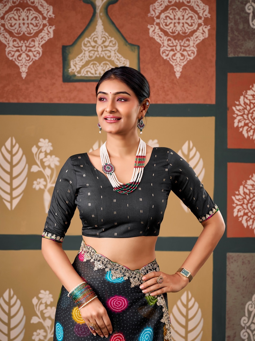 Peachmode Black Polka Printed Chiffon Saree With Embroidered Border - Image 3