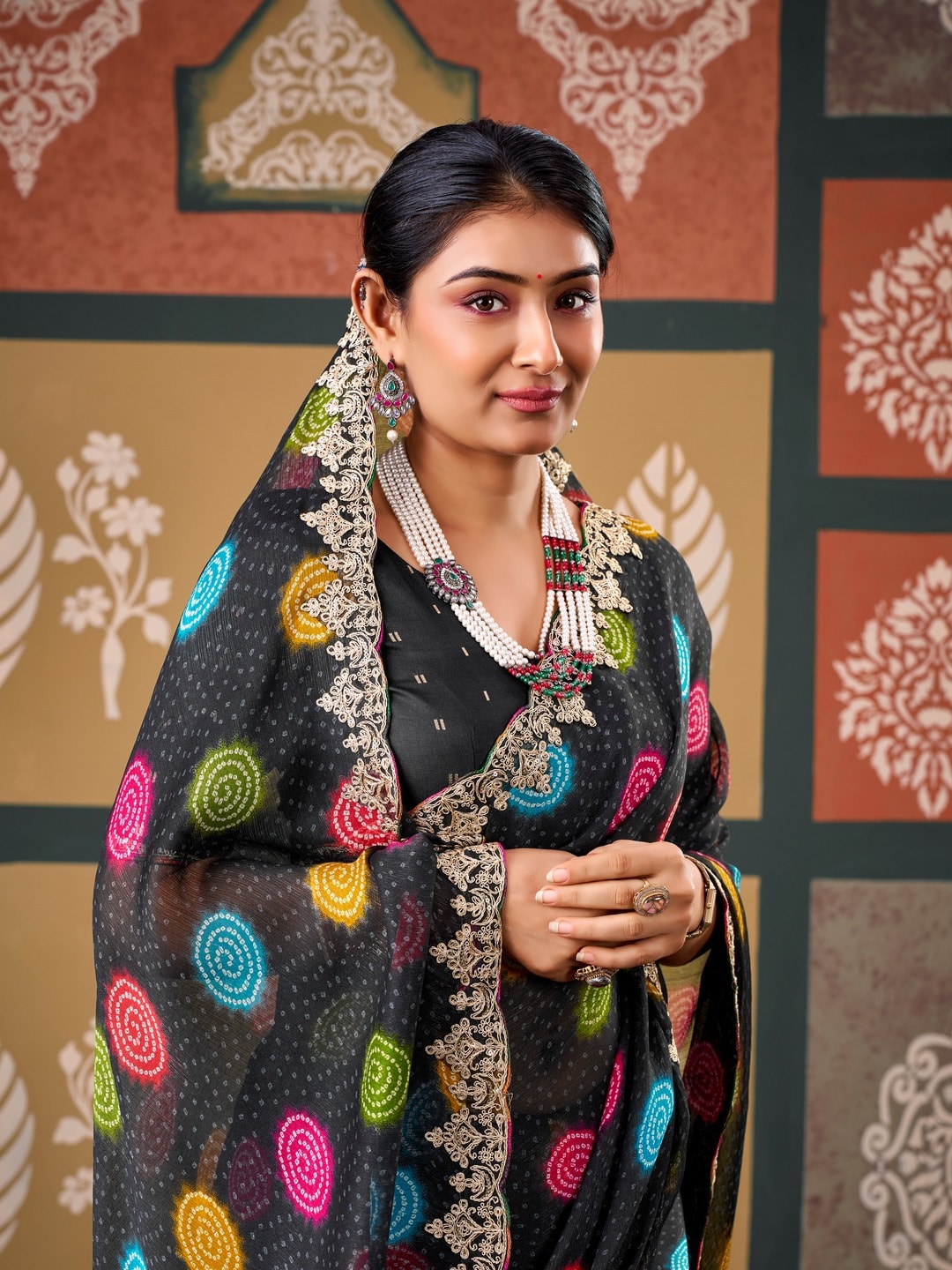 Peachmode Black Polka Printed Chiffon Saree With Embroidered Border - Image 4