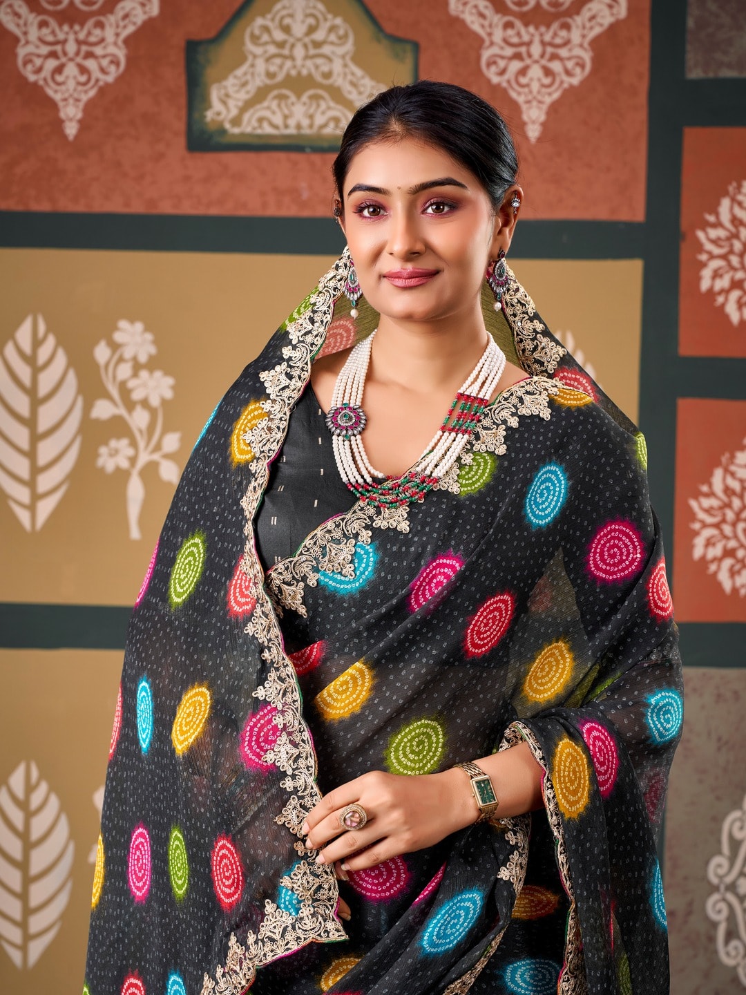 Peachmode Black Polka Printed Chiffon Saree With Embroidered Border - Image 5