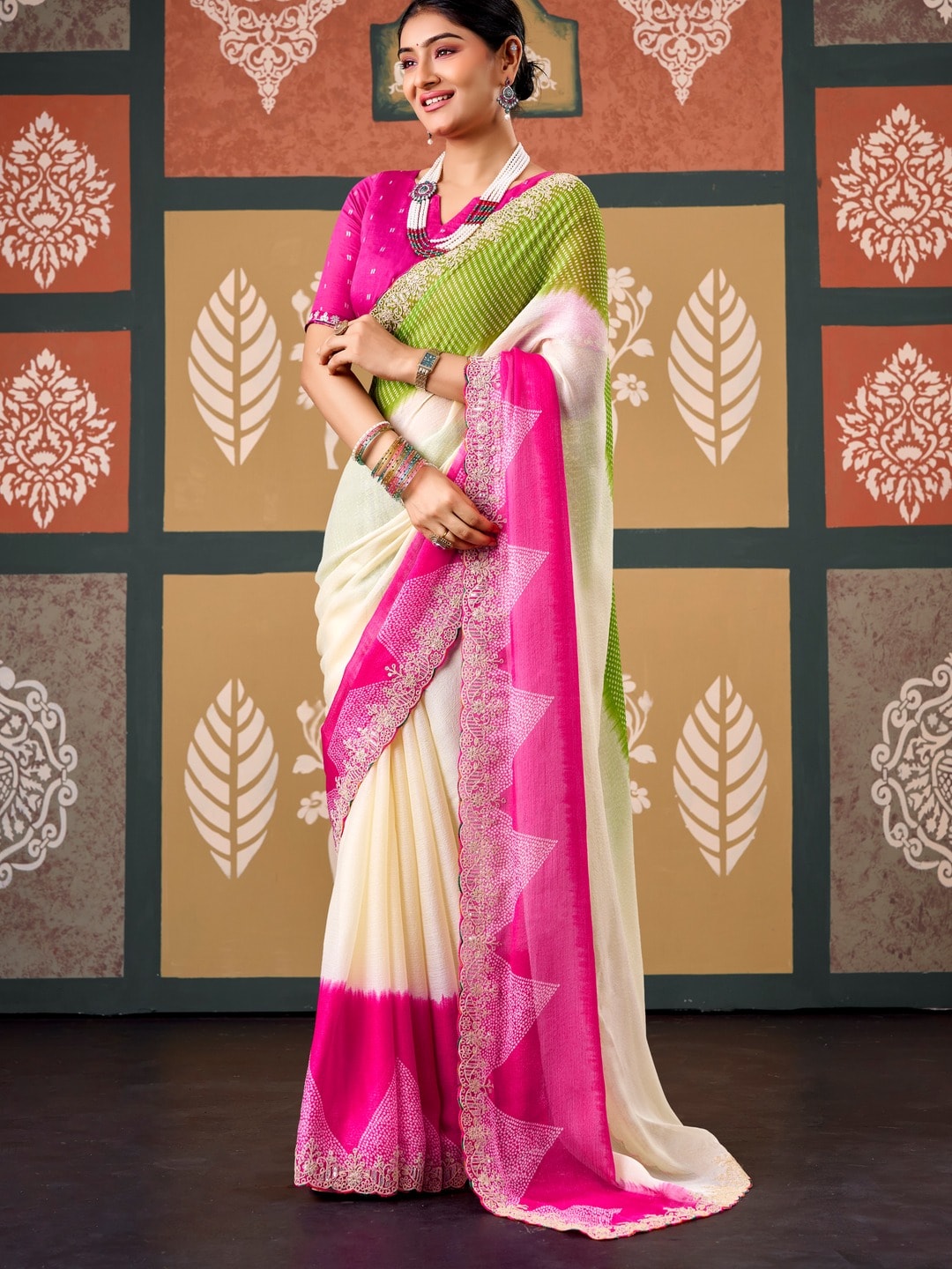 Peachmode Multicolor Ombre Bandhani Printed Chiffon Saree With Embroidered Border - Image 1