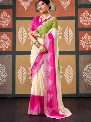 Peachmode Multicolor Ombre Bandhani Printed Chiffon Saree With Embroidered Border - Image 1