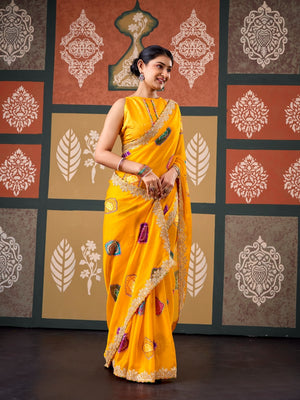 Peachmode Yellow Bandhani Printed Chiffon Saree With Embroidered Border - Image 2