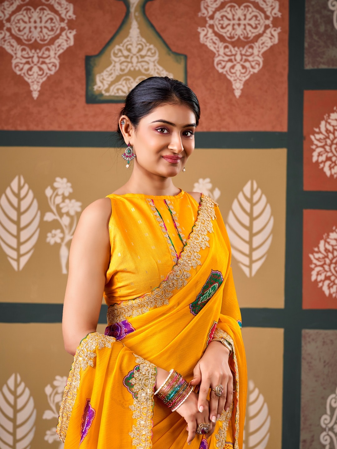 Peachmode Yellow Bandhani Printed Chiffon Saree With Embroidered Border - Image 4