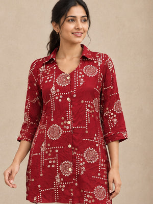 Peachmode Red Rayon Printed Shirt - Image 1