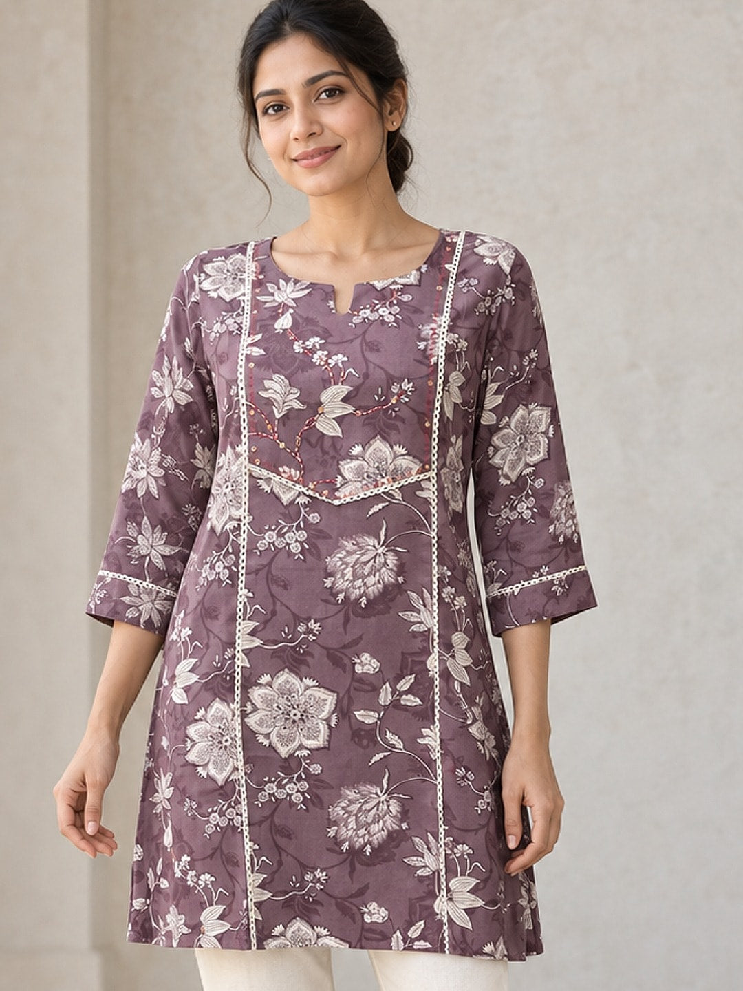 Peachmode Mauve Rayon Floral Printed Tunic - Image 1