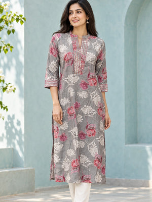 Peachmode Grey Rayon Floral Sequinned Kurti - Image 1