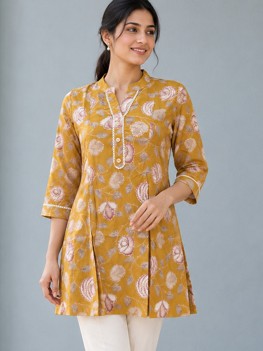 Yellow Floral Printed Rayon Top - Image 1