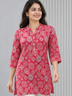 Peachmode Pink Rayon Geometric Printed Short Top - Image 1