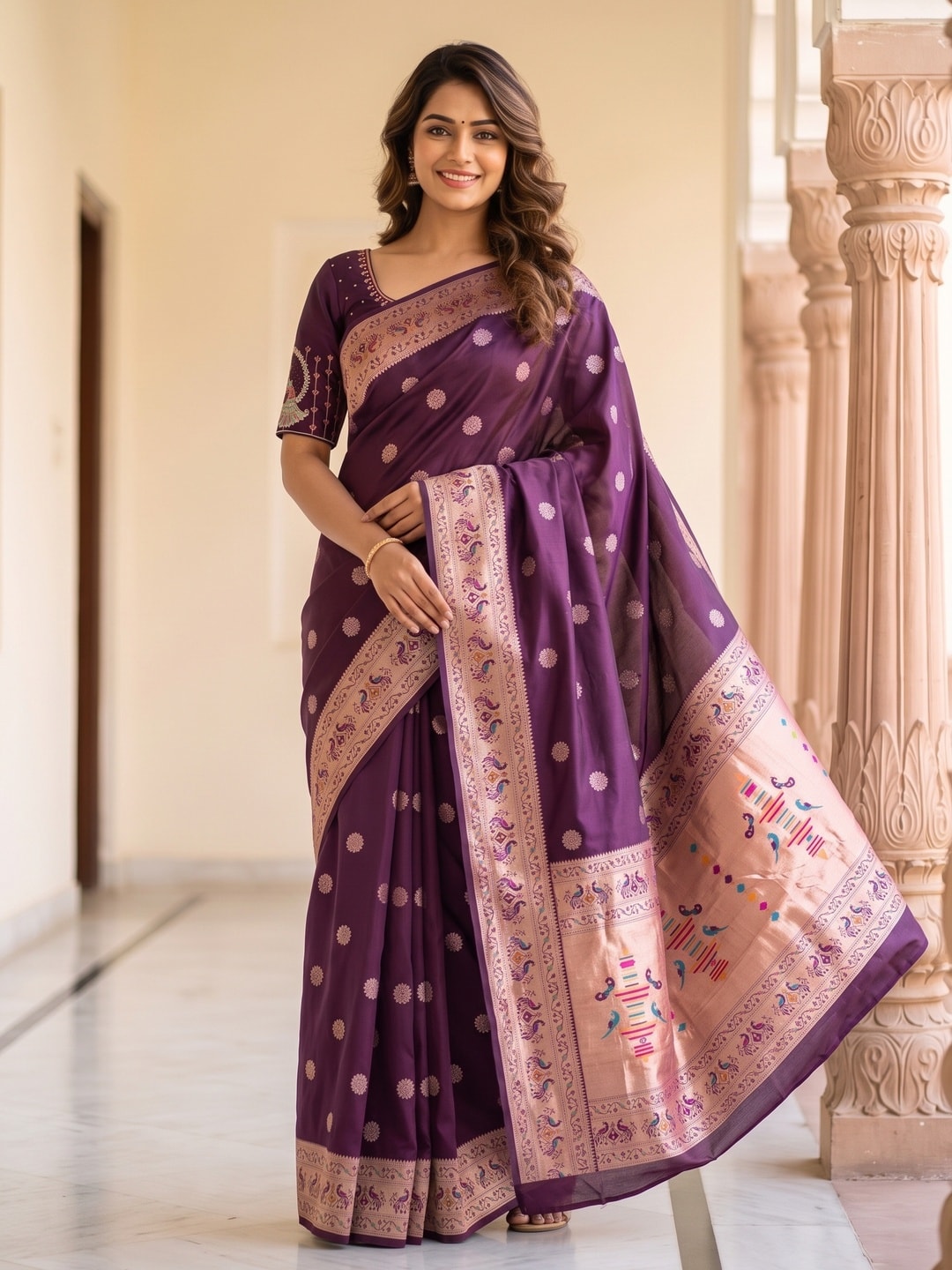 Peachmode Wine Silk Blend Paithani Woven Saree - Image 2