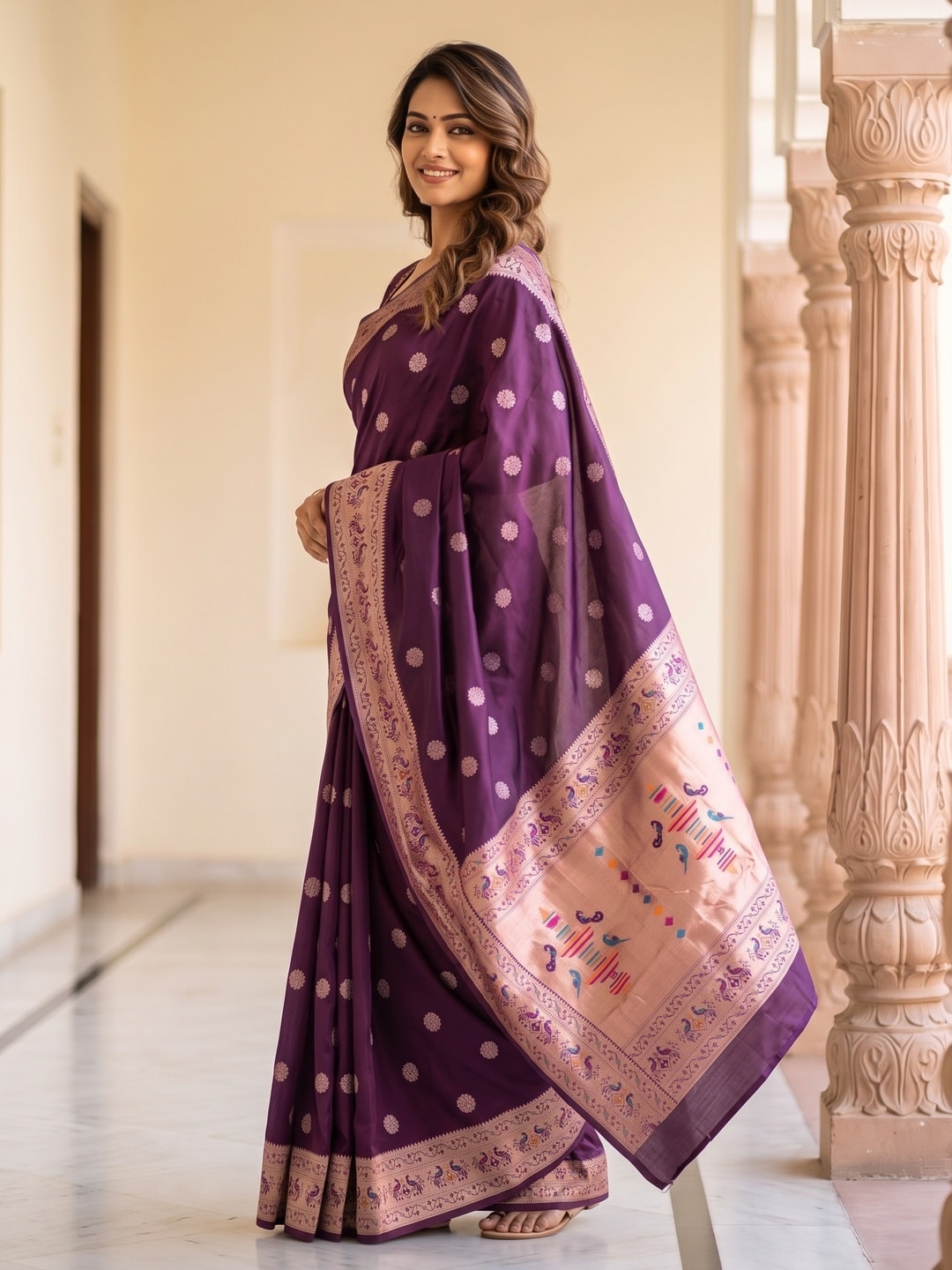 Peachmode Wine Silk Blend Paithani Woven Saree - Image 3