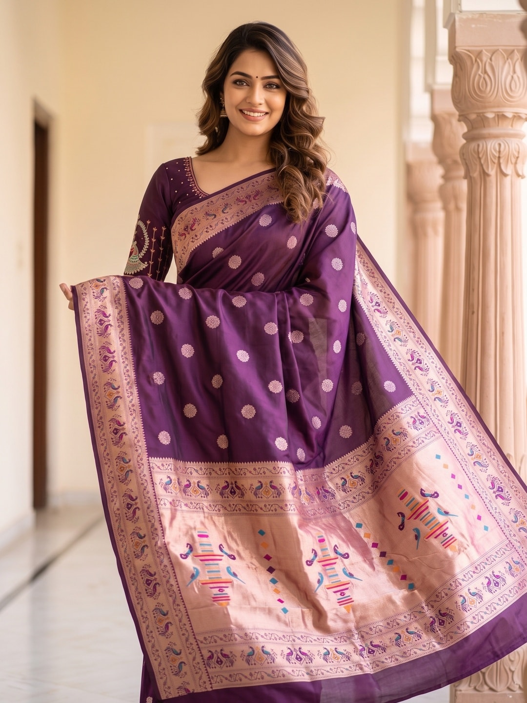 Peachmode Wine Silk Blend Paithani Woven Saree - Image 5