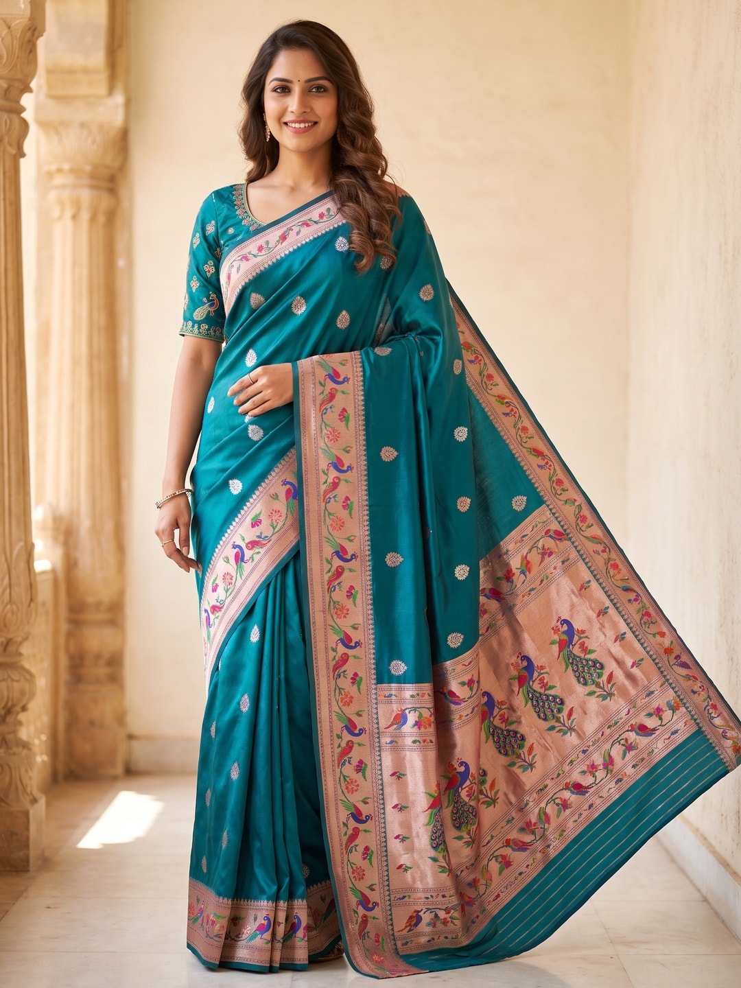 Peachmode Teal Silk Blend Paithani Woven Saree - Image 1