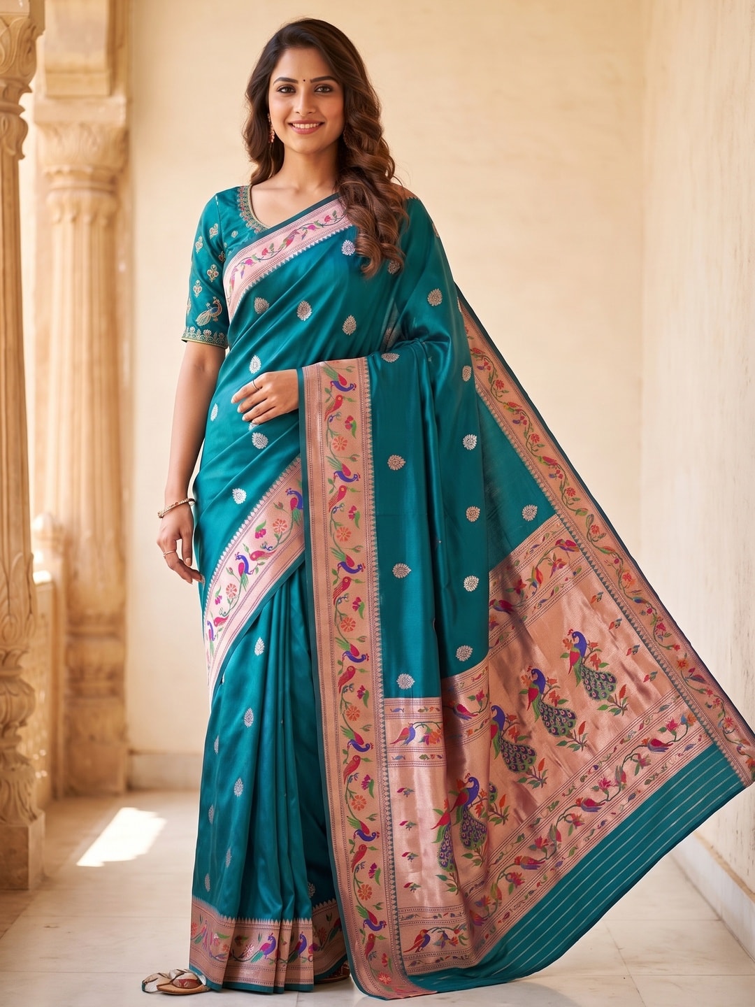 Peachmode Teal Silk Blend Paithani Woven Saree - Image 2