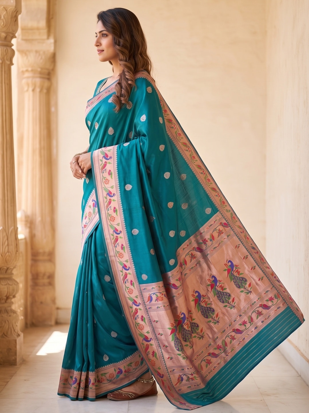 Peachmode Teal Silk Blend Paithani Woven Saree - Image 3