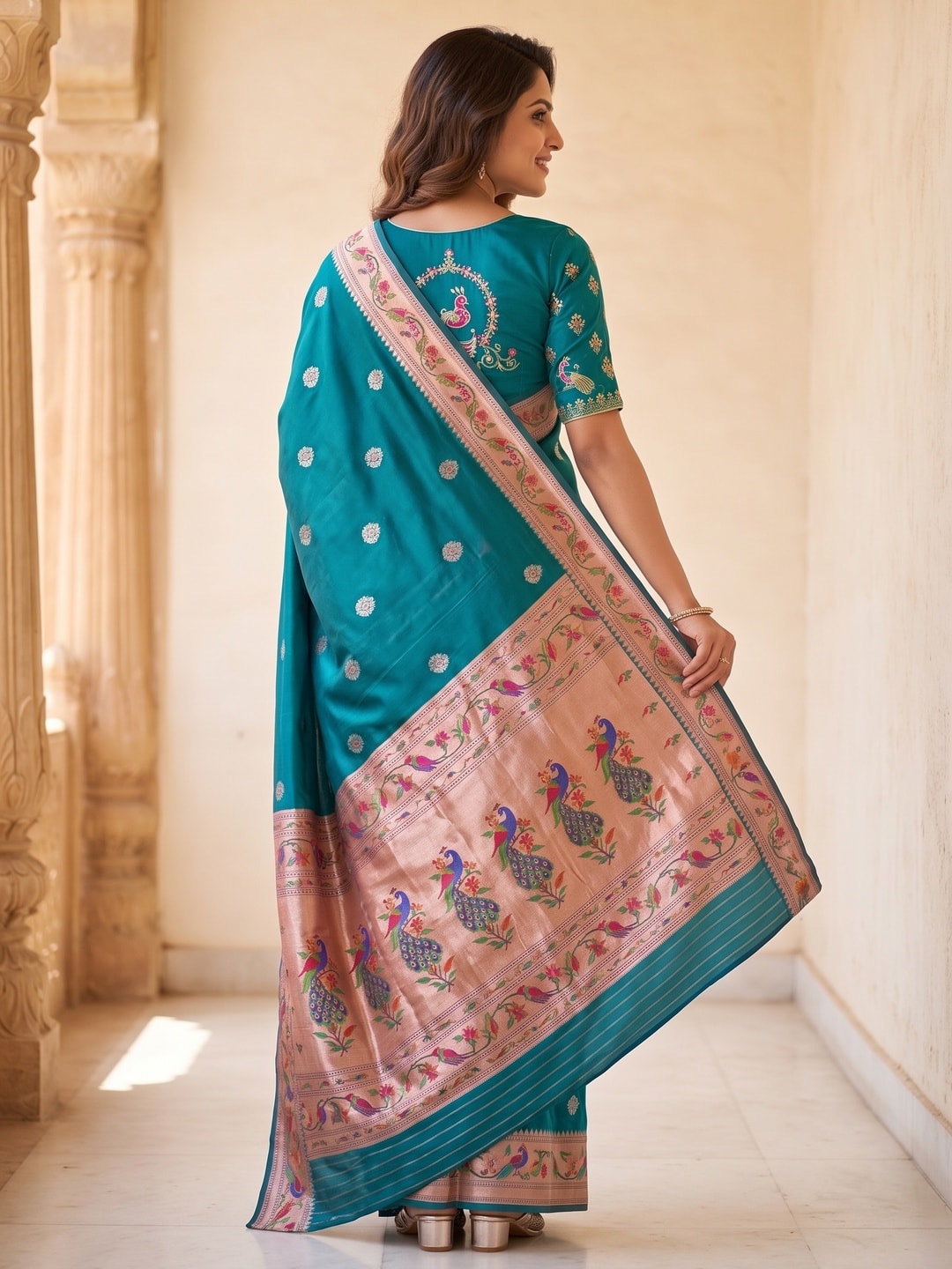 Peachmode Teal Silk Blend Paithani Woven Saree - Image 4