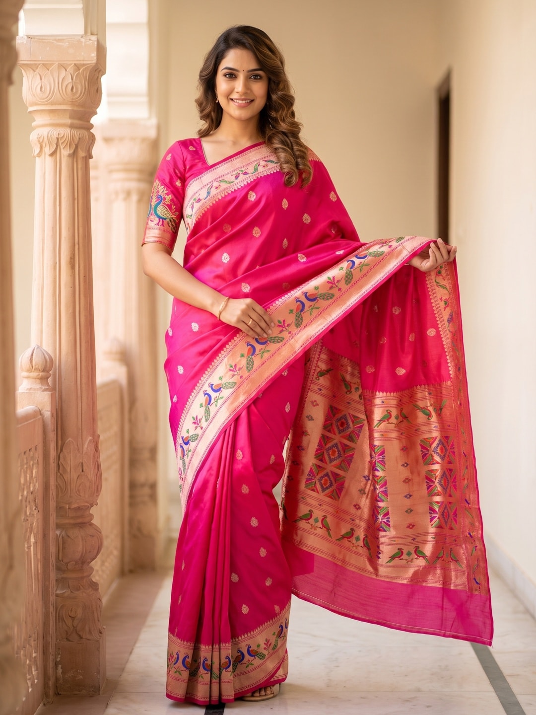 Peachmode Pink Silk Blend Paithani Woven Saree - Image 1