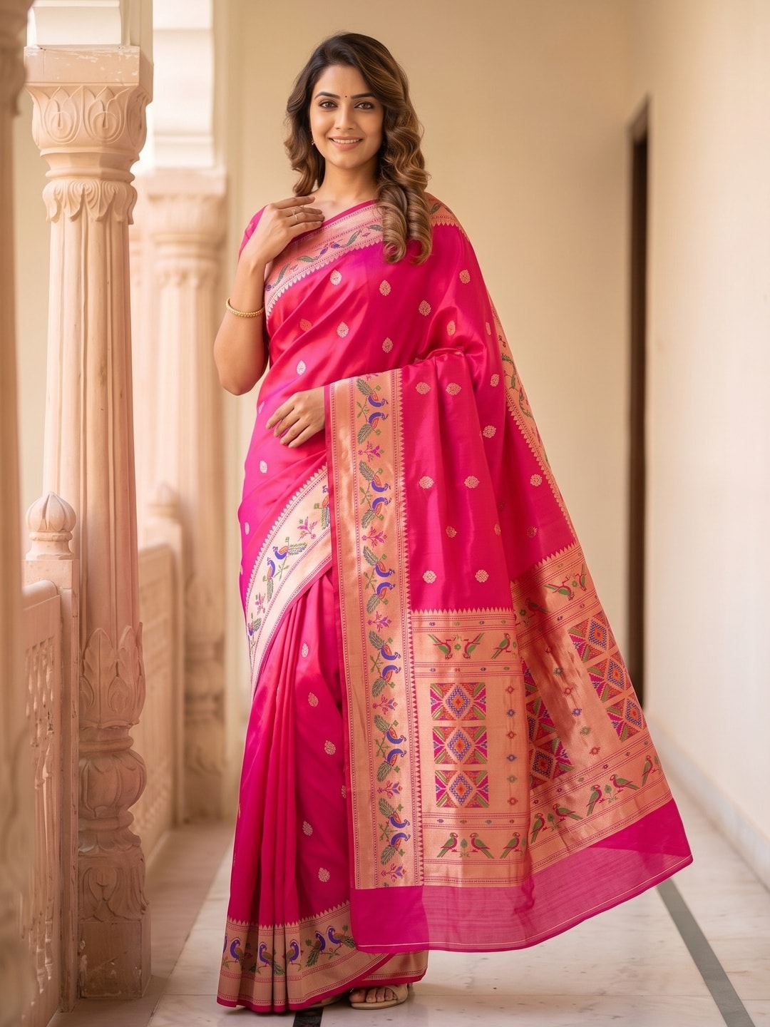 Peachmode Pink Silk Blend Paithani Woven Saree - Image 2