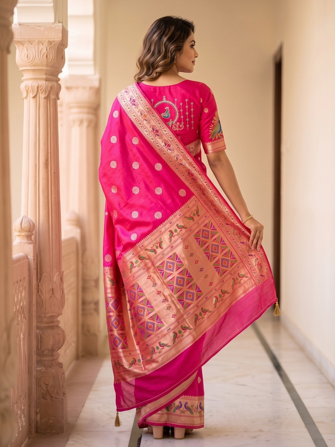 Peachmode Pink Silk Blend Paithani Woven Saree - Image 4