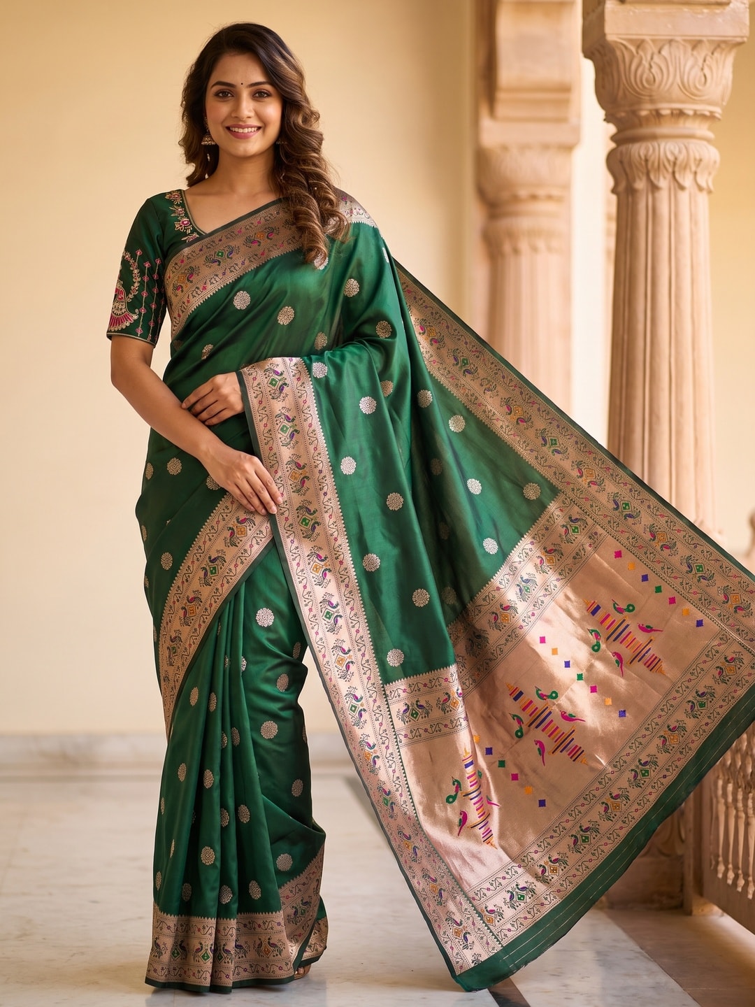 Peachmode Green Silk Blend Paithani Woven Saree - Image 1