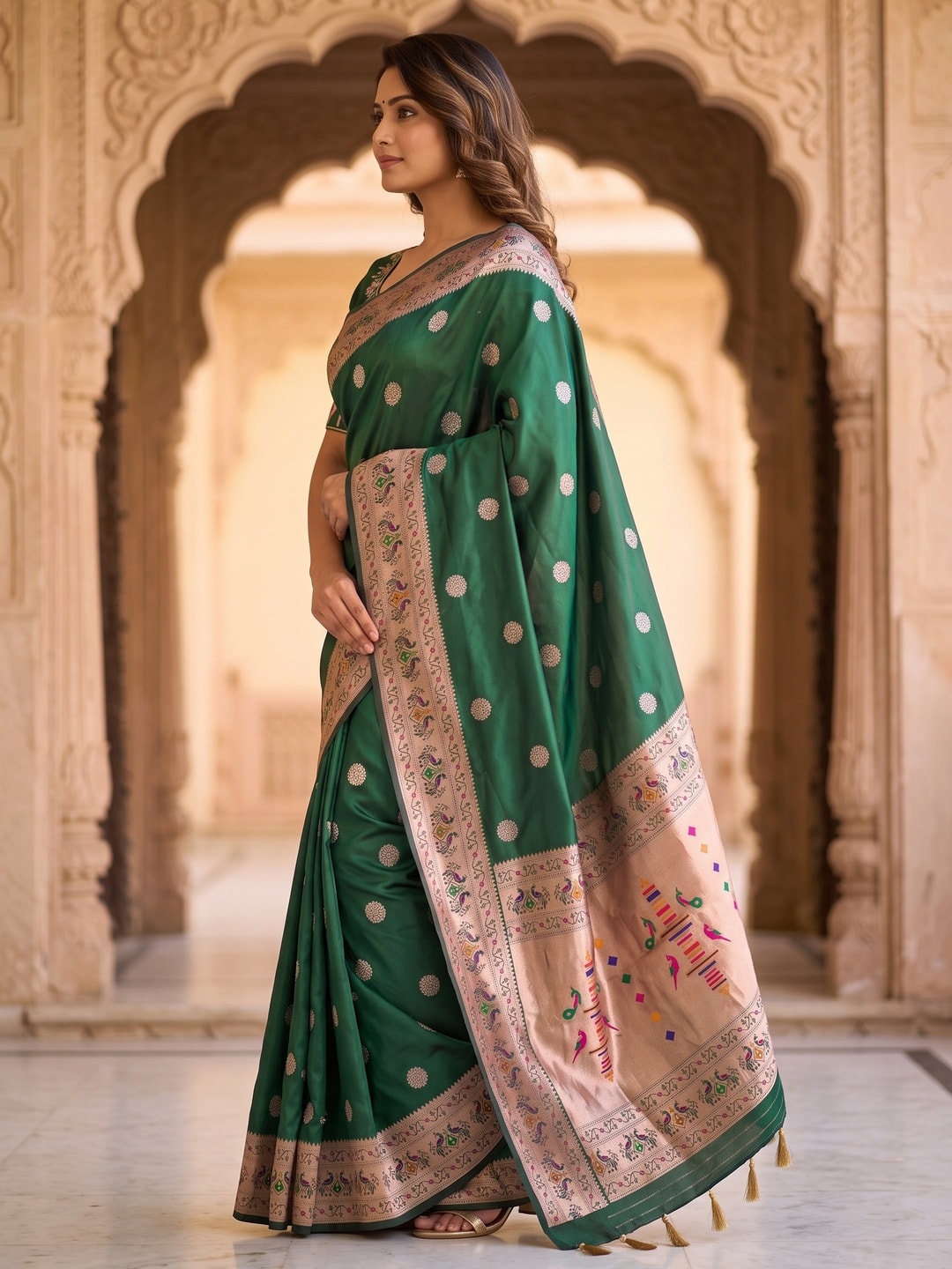 Peachmode Green Silk Blend Paithani Woven Saree - Image 3