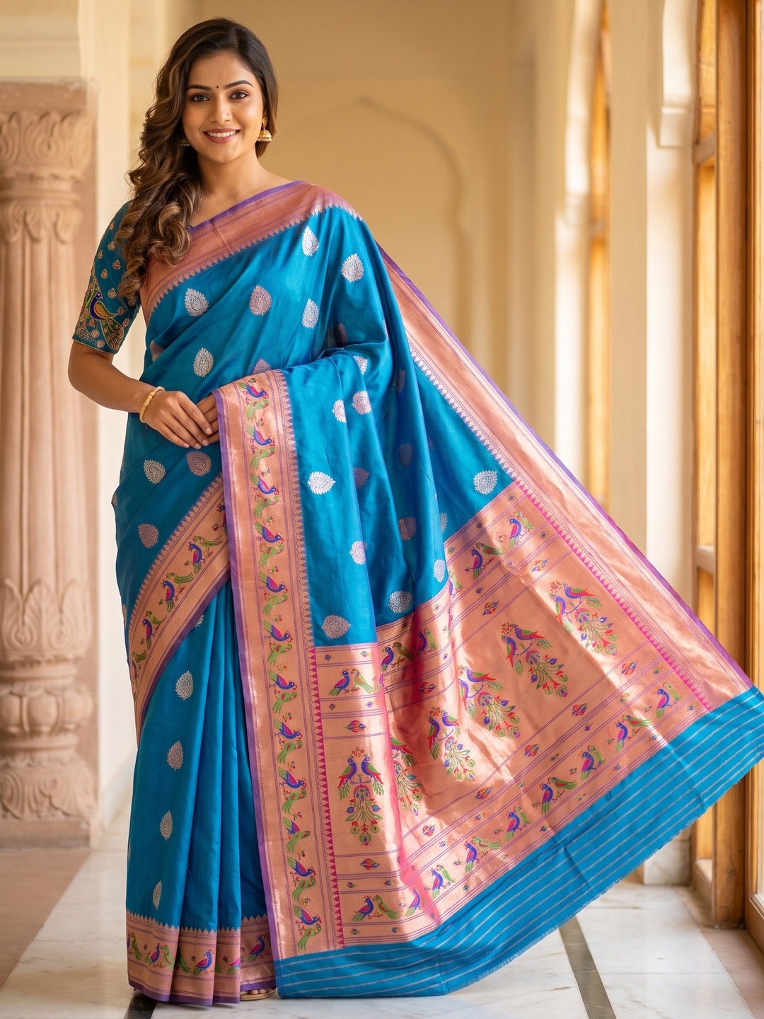 Peachmode Blue Silk Blend Paithani Woven Saree - Image 1