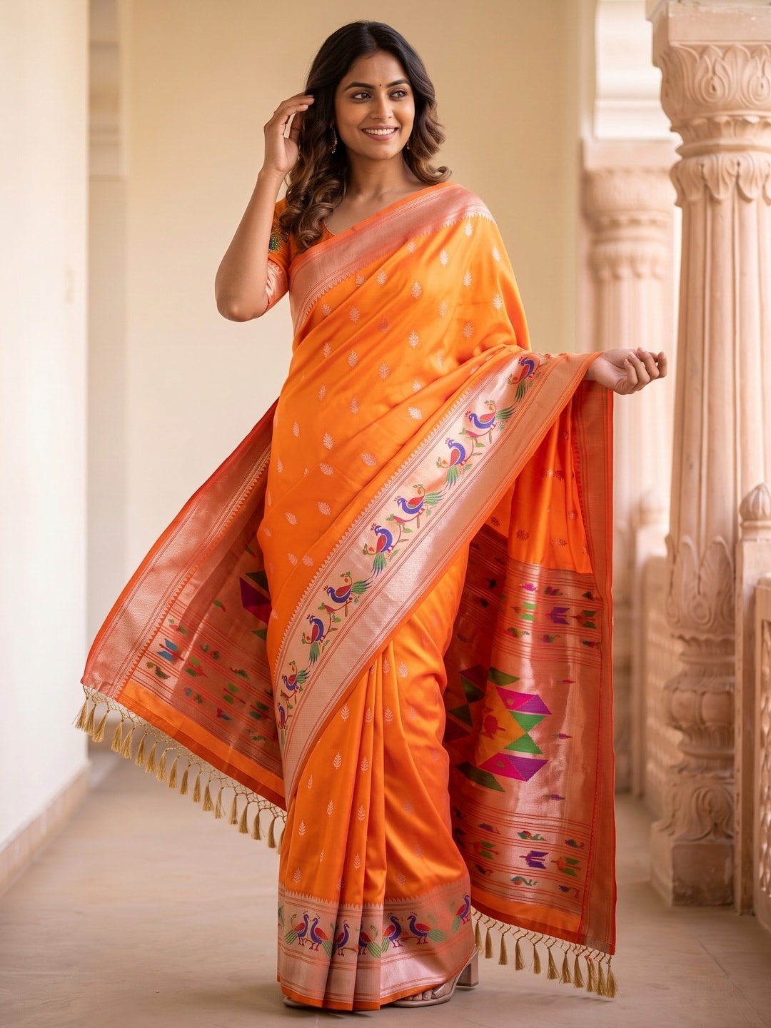 Peachmode Orange Silk Blend Paithani Woven Saree - Image 2
