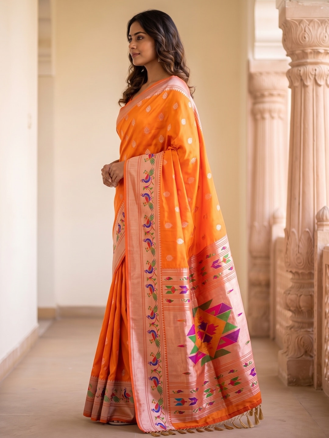 Peachmode Orange Silk Blend Paithani Woven Saree - Image 3