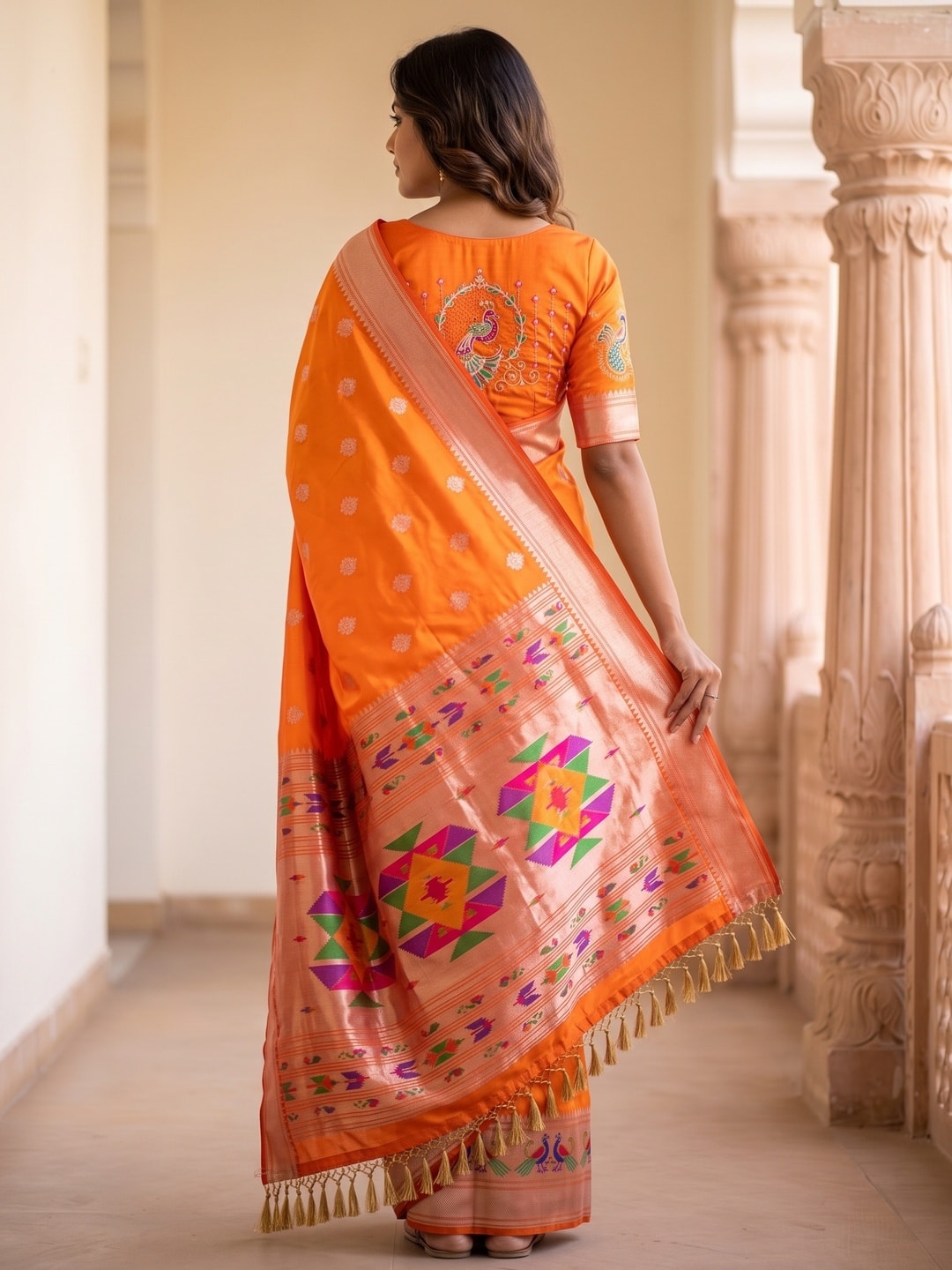 Peachmode Orange Silk Blend Paithani Woven Saree - Image 4