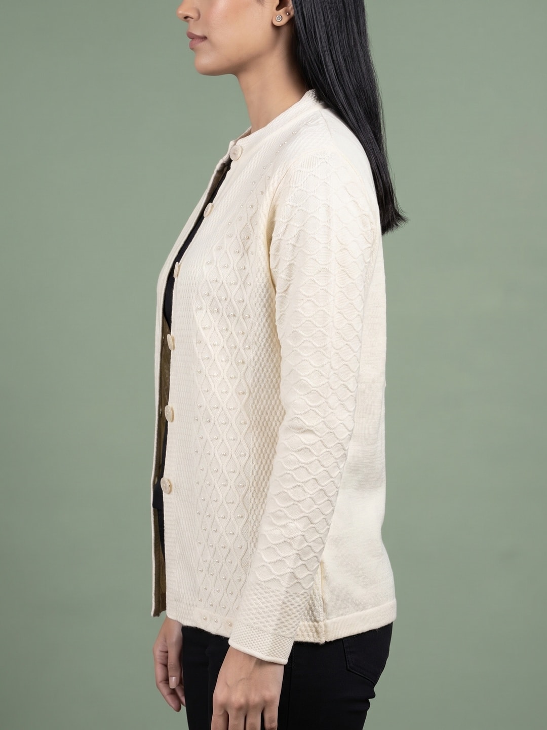Peachmode White Cable Knit Pearl Beaded Woolen Cardigan - Image 3