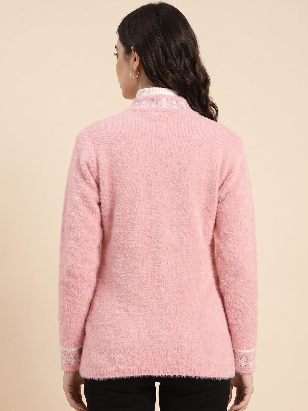 Peachmode Pink Fuzzy Jacquard Embroidered Woolen Cardigan - Image 4